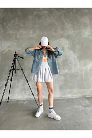 Çift Cepli Oversize Kadın Kot Denim Gömlek Ceket