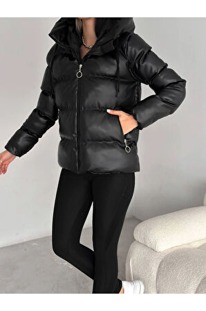 Kadın Şişme Mont  Elyaflı Kapüşonlu Cepli Rüzgar Geçirmez Su Geçirmez Kışlık Mont