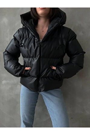 Kadın Şişme Mont  Elyaflı Kapüşonlu Cepli Rüzgar Geçirmez Su Geçirmez Kışlık Mont