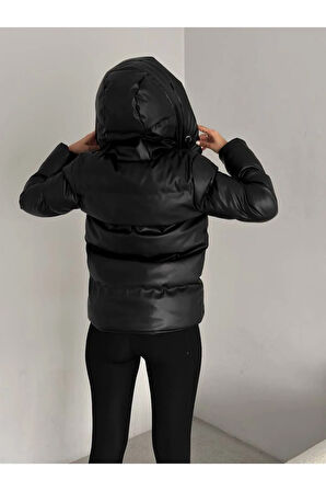 Kadın Şişme Mont  Elyaflı Kapüşonlu Cepli Rüzgar Geçirmez Su Geçirmez Kışlık Mont