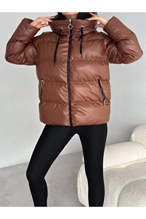 Kadın Şişme Mont  Elyaflı Kapüşonlu Cepli Rüzgar Geçirmez Su Geçirmez Kışlık Mont