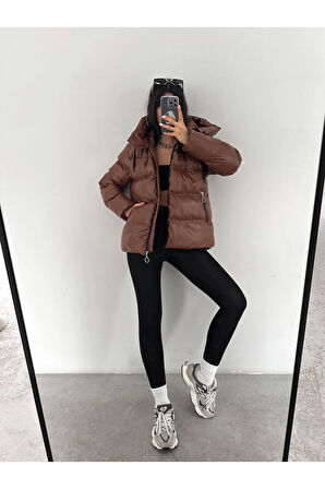 Kadın Şişme Mont  Elyaflı Kapüşonlu Cepli Rüzgar Geçirmez Su Geçirmez Kışlık Mont
