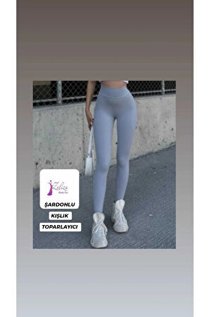 Kadın Şardonlu Kışlık İçi Pamuklu Polarlı Yüksek Bel Toparlayıcı İç Göstermez Dar Kalıp Kışlık Tayt