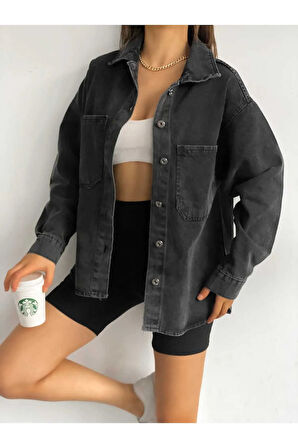 Çift Cepli Oversize Denim Gömlek Ceket