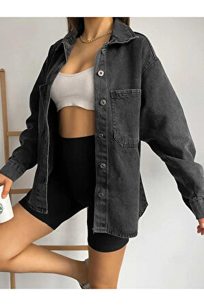 Çift Cepli Oversize Denim Gömlek Ceket