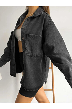 Çift Cepli Oversize Denim Gömlek Ceket