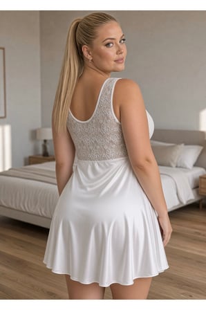 Premium Özel Parça Popüler Giyim Balayı Geceliği Helen Beyaz Dantel Detaylı Saten Gecelik