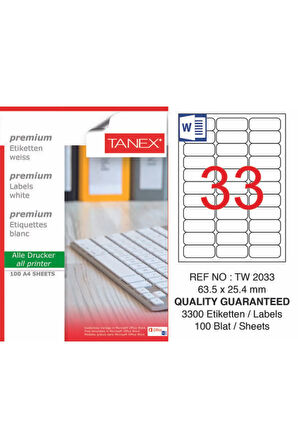 Tw-2033 63.5x25.4 Laser Etiket 100lü