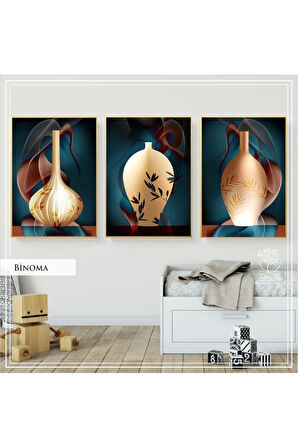 Metal Çerçeveli Gerçek Camlı Tablo Biboma 3 Lü Set
