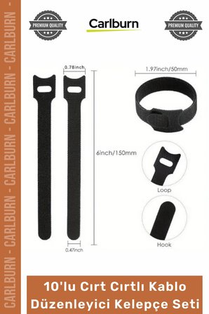#Organizer Naylon Siyah Çok Amaçlı Organizer Şık 10'lu Cırt Cırtlı Kablo Düzenleyici Kelepçe Seti - 15cm