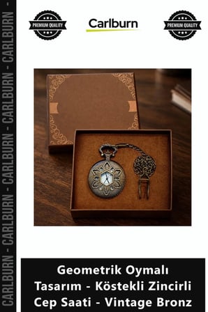 Özel Üretim Nostaljik Antika Geometrik Oymalı Tasarım Köstekli Zincirli Cep Saati Vintage Bronz