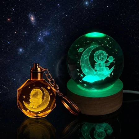 Özel Üretim Işıklı Renk ğiştiren Cam Küre Işıklı Anahtarlık Ay Üzerinde Oturan Astronot Tasarımlı