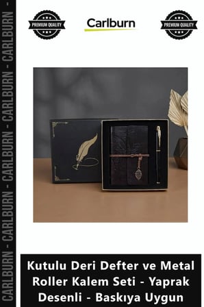 Özel Üretim Vip Logo Kutulu Deri Defter Metal Roller Kalem Seti Yaprak Desenli Baskıya Uygun