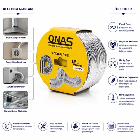 Özel Üretim Alüminyum Mutfak Havalandırma Isıya Dayanıklı Aspiratör Borusu Esnek 150 mm x 15 mt