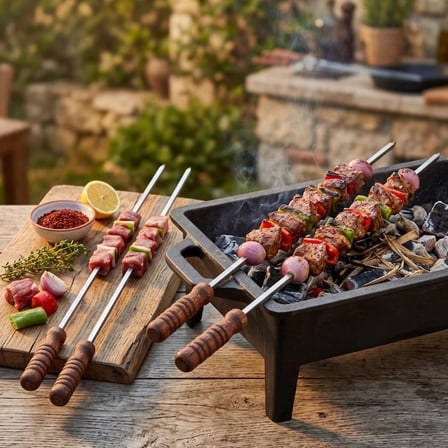 Özel Üretim Metal Çelik Ciğer Kebap Şişi Ahşap Saplı Kalın Kare Mangal Şişi 50 cm Güvenli Tutuş