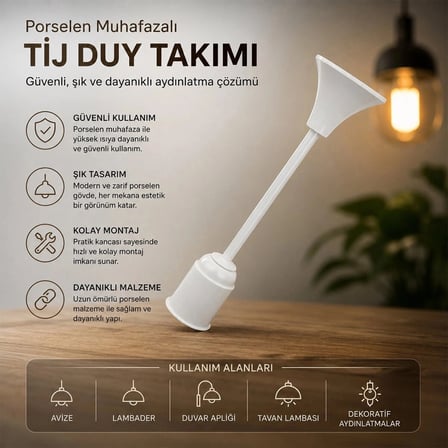 Özel Üretim Aydınlatma Avize Parçası Dekoratif Tij Duy Takımı - E27 Uyumlu - Porselen Muhafazalı