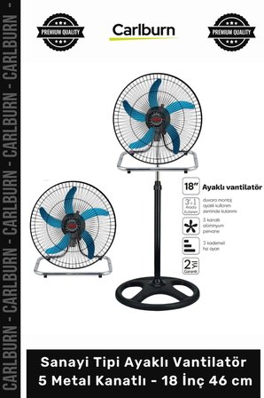 Özel Üretim 80W Güçlü 3in1 Profesyonel Sanayi Tipi Ayaklı Vantilatör 5 Metal Kanatlı 18 İnç 46 cm