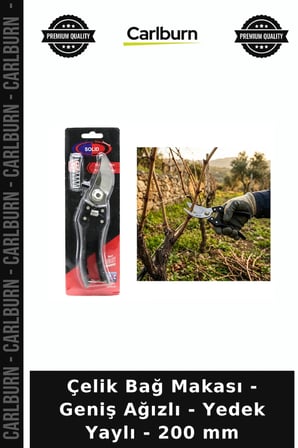 Özel Üretim Bahçe Aleti Çelik Bağ Makası - Geniş Ağızlı - Yedek Yaylı - 200 mm