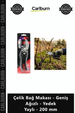 Özel Üretim Bahçe Aleti Çelik Bağ Makası - Geniş Ağızlı - Yedek Yaylı - 200 mm