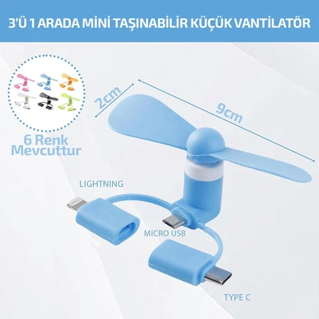 Özel Üretim Portatif Küçük Mini Telefon Fanı Lightning TypeC Micro USB Girişli Sessiz