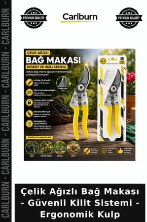 Özel Üretim Bahçe Budama Tarım Hobi Çelik Ağızlı Bağ Makası - Güvenli Kilit Sistemi - Ergonomik Kulp