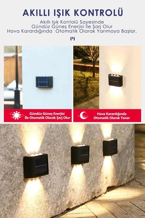 Ozel Uretim Ozel Uretim 2'Li Set Solar Duvar Lambasi 6 Ledli Aplik Gun İsigi Rengi İp65 Su Gecirmez