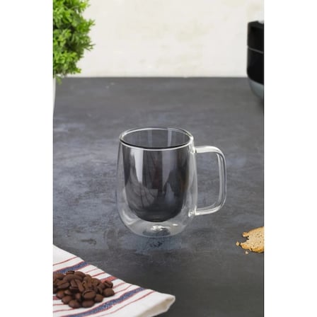 Özel Üretim 450 ml Kapasite Sıcak Tutan Estetik Modern İçecek Keyfi Çift Cidarlı Cam Kupa Gri
