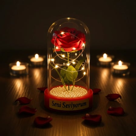 #Fanus Zarif Romantik Gün Işığı Dekoratif Yapay Gül İnci Detaylı Şeffaf Fanus İncili Ledli Gül Fanus