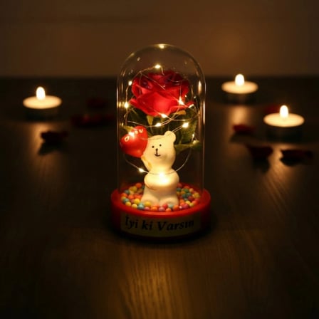 #Fanus Sevimli Ayıcık Figürlü Romantik Hediyelik Dekoratif Gün Işığı Balonlu Ayıcık Ledli Gül Fanus