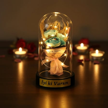 #Fanus Zarif Üç Güllü Romantik Hediye Gün Işığı Estetik Aydınlatma Gül Buketi Ledli Fanus