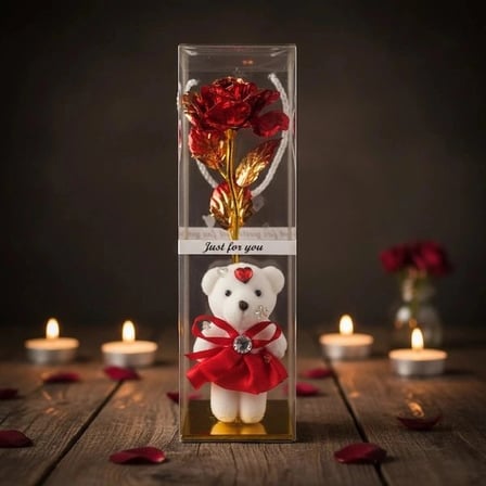 Özel Üretim Dekoratif Romantik Sürpriz Hatıra Aksesuar Şeffaf Kutulu Ayıcıklı Sonsuzluk Gülü