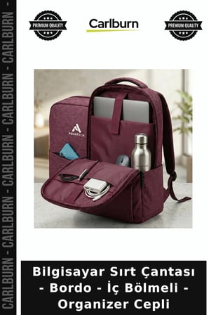 Özel Üretim Laptop Okul Günlük Bilgisayar Sırt Çantası - Bordo - İç Bölmeli - Organizer Cepli