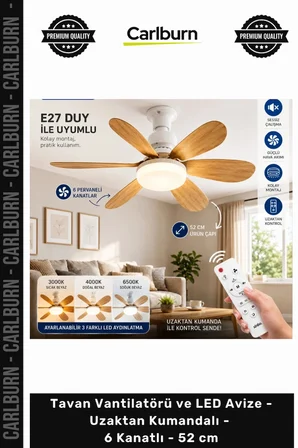 Özel Üretim Modern Şık Sessiz Tavan Vantilatörü LED Avize Uzaktan Kumandalı 6 Kanatlı 52 cm