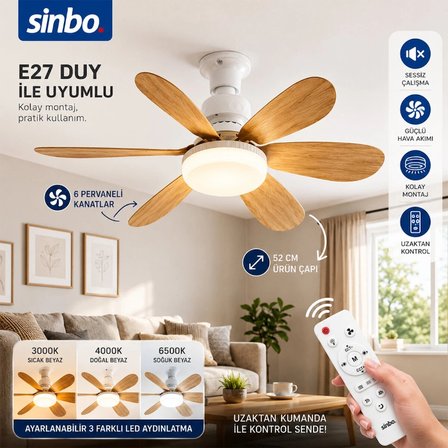 Özel Üretim Modern Şık Sessiz Tavan Vantilatörü LED Avize Uzaktan Kumandalı 6 Kanatlı 52 cm
