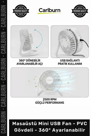 Özel Üretim 2500 RPM Sessiz Motor Portatif Masaüstü Mini USB Fan PVC Gövdeli 360° Ayarlanabilir