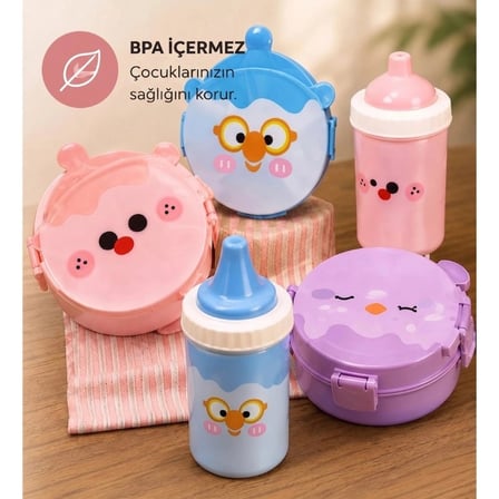 Özel Üretim Okul Kreş Çocuk Lunch Box Beslenme ve Yemek Seti - Sızdırmaz Mataralı - 3 Bölmeli Kap