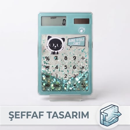 Özel Üretim Ofis Okul Masaüstü Kedi Figürlü Akrilik Parıltılı Şeffaf Hesap Makinesi Sevimli Simli