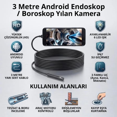 Özel Üretim Endoskop Tesisat 3 Metre Yılan Kamera - Android Destekli - LED Işıklı - IP67 Su Geçirmez