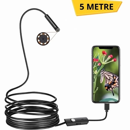 Özel Üretim Endoskopik 5 Metre Yılan Kamera - LED Işıklı - IP67 Su Geçirmez - 3 Farklı Başlıklı