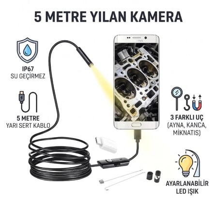 Özel Üretim Endoskopik 5 Metre Yılan Kamera - LED Işıklı - IP67 Su Geçirmez - 3 Farklı Başlıklı