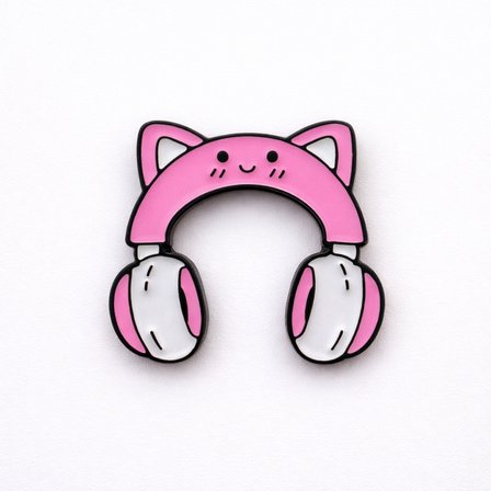 Kedi Kulaklı Kulaklık Tasarımlı Metal Rozet – Pembe Figürlü Çanta Aksesuarı Pin