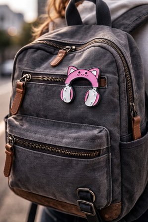 Kedi Kulaklı Kulaklık Tasarımlı Metal Rozet – Pembe Figürlü Çanta Aksesuarı Pin