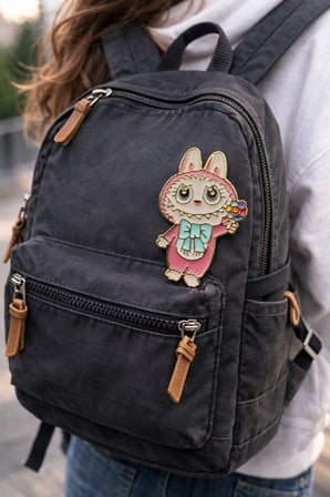 Pembe Sevimli Figürlü Metal Rozet – Çiçek Detaylı Karakter Çanta Aksesuarı Pin