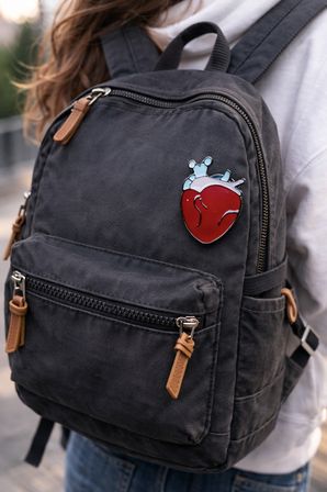 Anatomik Kalp Tasarımlı Metal Rozet – Kırmızı Figürlü Çanta Aksesuarı Pin
