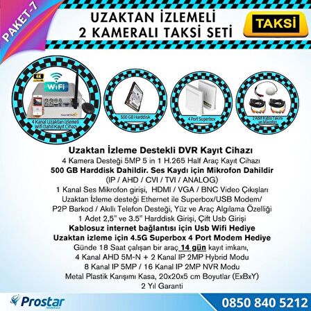 Taksi Kamera Seti 7 Uzaktan izlemeli 2 Kameralı Wifi 4G 500 GB Harddisk Dahil