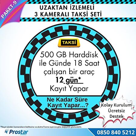 Taksi Kamera Seti 9 Uzaktan izlemeli 3 Kameralı Wifi 4G 500 GB Harddisk Dahil