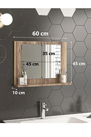 60x45cm Ceviz Raflı Banyo Aynası Dresuar Yatak Odası Boy Aynası