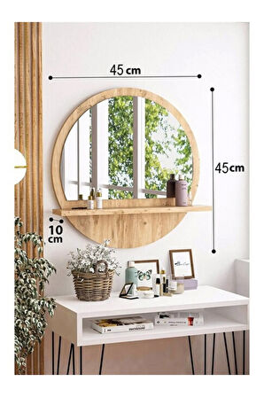 Tarz Design 45 Cm Yuvarlak Safir Meşe Raflı Koridor Dresuar Konsol Duvar Salon Banyo Ofis Aynası