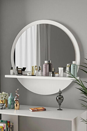 Tarz Design 58 Cm Yuvarlak Beyaz Raflı Koridor Dresuar Konsol Salon Banyo Ofis Yatak Odası Ayna