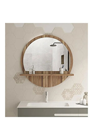 Tarz Design 58 Cm Yuvarlak Ceviz Raflı Koridor Konsol Duvar Salon Banyo Ofis Yatakoda Aynası